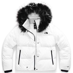 WHITE NORTHFACE DEALIO DOWN JACKET WITH BLACK FUR
